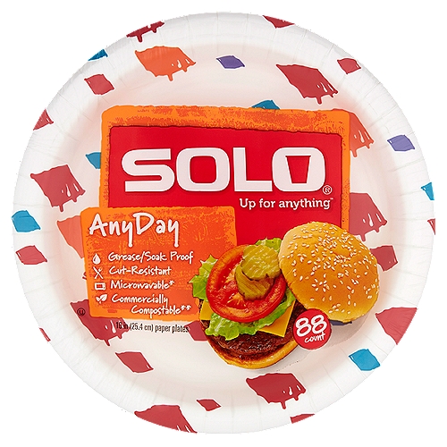 Solo Up for Anything Any Day 10 in Paper Plates, 88 count
Solo® Paper Plates are:
• Strong and stylish to serve any occasion
• Soak and grease proof
• Cut-resistant
• Microwavable*
• Compostable**
* Microwave usage: limited re-heating of food only. 
Caution - check plate before removing from oven.
** Compostable only in commercial composting facilities, which may not exist in your area. Not suitable for backyard composting.