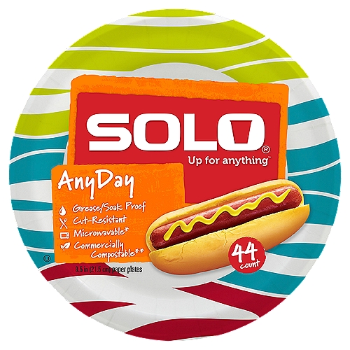 Solo Up for Anything Any Day 8.5 In Paper Plates, 44 count
Solo® Paper Plates are:
• Strong and stylish to serve any occasion
• Soak and grease proof
• Cut-resistant
• Microwavable*
• Compostable**
* Microwave usage: limited re-heating of food only.
Caution - check plate before removing from oven
** Compostable only in commercial composting facilities, which may not exist in your area. Not suitable for backyard composting.