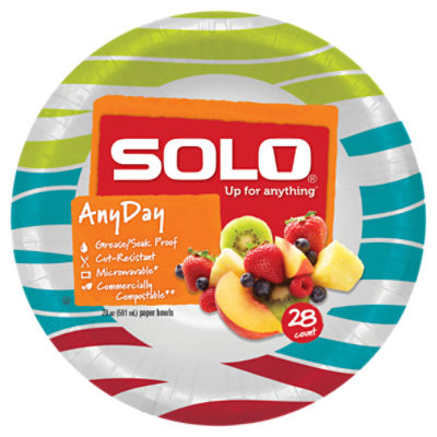 Solo Up for Anything AnyDay Paper Bowls, 28 count
Solo® Paper Plates are:
• Strong and stylish to serve any occasion
• Soak and grease proof
• Cut-resistant
• Microwavable*
• Compostable**
* Microwave usage: limited re-heating of food only. Caution - check plate before removing from oven.
** Compostable only in commercial composting facilities, which may not exist in your area. Not suitable for backyard composting.