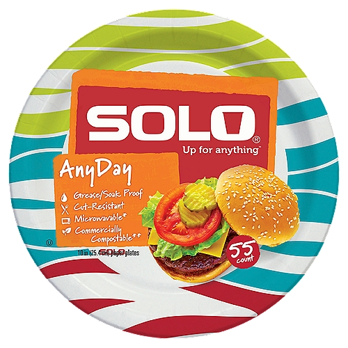 Solo Up for Anything Any Day Paper Plates, 55 count
Commercially compostable**

Solo® Paper Plates are:
• Strong and stylish to serve any occasion
• Soak and grease proof
• Cut-resistant
• Microwavable*
• Compostable**
* Microwave usage: limited re-heating of food only.
** Compostable only in commercial composting facilities, which may not exist in your area. Not suitable for backyard composting.