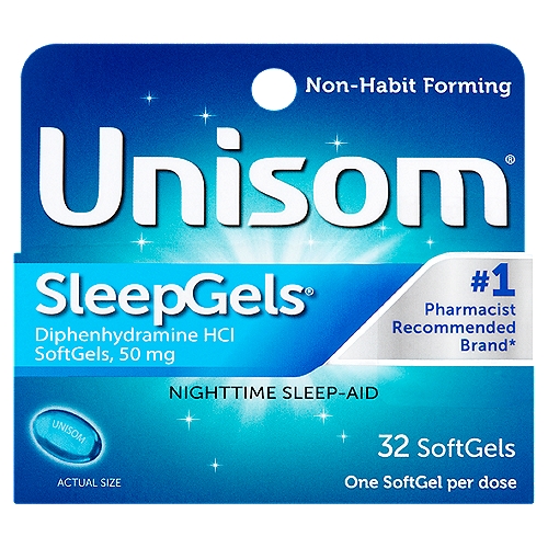 Unisom SleepGels Nighttime Sleep-Aid SoftGels, 32 count
After a stressful day, every minute of sleep matters. After all, a restful night's sleep is important to your overall health.
Non-habit forming Unisom® SleepGels® helps you fall asleep fast, sleep through the night, and wake refreshed.

Use
■ for relief of occasional sleeplessness

Drug Facts
Active ingredient (in each softgel) - Purpose
Diphenhydramine HCI 50 mg - Nighttime sleep-aid