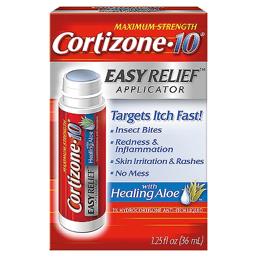 Cortizone-10 Maximum Strength Easy Relief Anti-Itch Liquid Applicator, 1.25 fl oz
1% Hydrocortisone Anti-Itch Liquid

Uses
■ temporarily relieves itching and discomfort associated with irritations, inflammation, and rashes due to:
 ■ eczema
 ■ psoriasis
 ■ poison ivy, oak, sumac
 ■ insect bites
 ■ detergents
 ■ jewelry
 ■ cosmetics
 ■ soaps
 ■ seborrheic dermatitis
■ other uses of this product should only be under the advice and supervision of a doctor

Drug Facts
Active ingredient - Purpose
Hydrocortisone 1% - Anti-itch