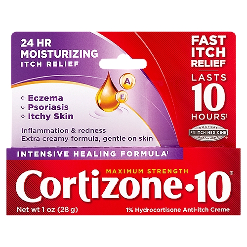 Cortizone-10 Maximum Strength 24 HR Moisturizing Anti-Itch Creme, 1 oz
1% Hydrocortisone Anti-Itch Creme

Intensive healing formula†
†Contains 7 healing moisturizers and vitamins A, C & E

Fast itch relief lasts 10 hours†
†When used as directed.

Doctors #1 Itch Medicine* Recommend®
*Refers to the ingredient hydrocortisone

Uses
■ temporarily relieves itching associated with minor skin irritations, inflammation, and rashes due to:
 ■ eczema
 ■ psoriasis
 ■ poison ivy, oak, sumac
 ■ insect bites
 ■ detergents
 ■ jewelry
 ■ cosmetics
 ■ soaps
 ■ seborrheic dermatitis
■ temporarily relieves external anal and genital itching
■ other uses of this product should only be under the advice and supervision of a doctor

Drug Facts
Active ingredient - Purpose
Hydrocortisone 1% - Anti-itch