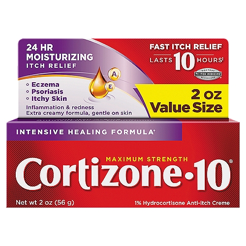 Cortizone-10 Maximum Strength Anti-Itch Creme Value Size, 2 oznRelieve itchy skin and moisturize you skin with Cortizone 10 Maximum Strength Intensive Healing Formula With 24 Hour Moisturizing Relief. Formulated with maximum strength hydrocortisone*, the #1 itch medicine recommended by doctors, this anti-itch creme works fast to help stop itching and moisturize skin. This formula provides itch relief for hours and gets to work quickly. Maximum Strength Cortizone 10 Intensive Healing formula also contains seven moisturizers and vitamins A, C and E for soothing moisture that lasts all day. Stock up on 2-ounce tubes of Cortizone 10 Maximum Strength Intensive Healing Formula With 24 Hour Moisturizing Relief so you always have moisture-rich itch relief on hand. *1% hydrocortisone is the maximum strength available without a prescription. DIRECTIONS: Adults and children 2 years of age and older: Apply to the affected area not more than 3 to 4 times daily. For children under 2 years of age: Ask a doctor.