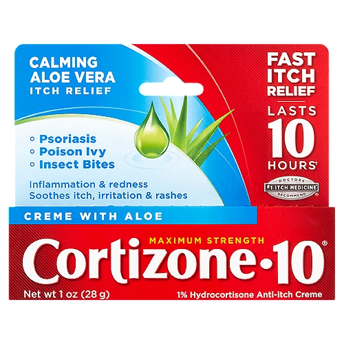 Cortizone-10 Maximum Strength Calming Aloe Vera Anti-Itch Creme, 1 oz
1% Hydrocortisone Anti-Itch Creme

Fast itch relief lasts 10 hours†
†When used as directed

Doctors #1 Itch Medicine* Recommend®
*Refers to the ingredient hydrocortisone

Uses
■ temporarily relieves itching associated with minor skin irritations, inflammation, and rashes due to:
 ■ eczema
 ■ psoriasis
 ■ poison ivy, oak, sumac
 ■ insect bites
 ■ detergents
 ■ jewelry
 ■ cosmetics
 ■ soaps
 ■ seborrheic dermatitis
■ temporarily relieves external anal and genital itching
■ other uses of this product should only be under the advice and supervision of a doctor

Drug Facts
Active ingredient - Purpose
Hydrocortisone 1% - Anti-itch