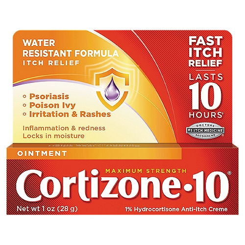 Cortizone-10 Maximum Strength Anti-Itch Ointment, 1 oz
1% Hydrocortisone Anti-Itch Ointment

Fast itch relief lasts 10 hours†
†When used as directed.

#1 Itch Medicine* Doctors Recommend®
*Refers to the ingredient hydrocortisone

Uses
■ temporarily relieves itching associated with minor skin irritations, inflammation, and rashes due to:
 ■ eczema
 ■ psoriasis
 ■ poison ivy, oak, sumac
 ■ insect bites
 ■ detergents
 ■ jewelry
 ■ cosmetics
 ■ soaps
 ■ seborrheic dermatitis
■ temporarily relieves external anal and genital itching
■ other uses of this product should only be under the advice and supervision of a doctor

Drug Facts
Active ingredient - Purpose
Hydrocortisone 1% - Anti-itch