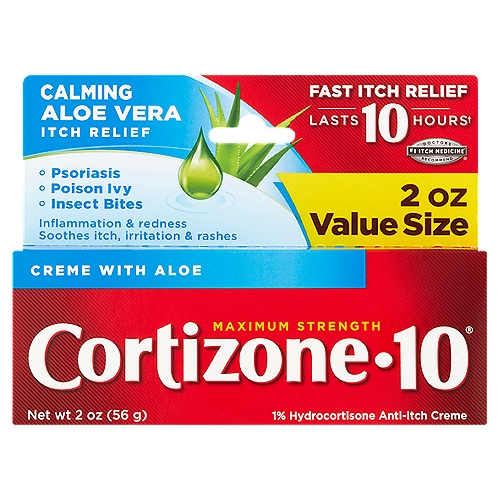 Cortizone-10 Maximum Strength Creme with Aloe Value Size, 2 oz
Lasts 10 hours†
†When used as directed

#1 Itch Medicine* Doctors Recommend®
*Refers to the ingredient hydrocortisone

Uses
■ temporarily relieves itching associated with minor skin irritations, inflammation, and rashes due to:
 ■ eczema
 ■ psoriasis
 ■ poison ivy, oak, sumac
 ■ insect bites
 ■ detergents
 ■ jewelry
 ■ cosmetics
 ■ soaps
 ■ seborrheic dermatitis
■ temporarily relieves external anal and genital itching
■ other uses of this product should only be under the advice and supervision of a doctor

Drug Facts
Active ingredient - Purpose
Hydrocortisone 1% - Anti-itch