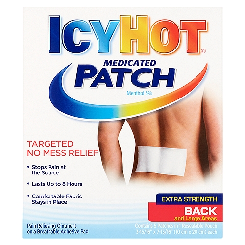 Icy Hot Extra Strength Back and Large Areas Medicated Patch, 5 count
Pain Relieving Ointment on a Breathable Adhesive Pad

Uses
Temporarily relieves minor pain associated with:
◼ arthritis
◼ simple backache
◼ bursitis
◼ tendonitis
◼ muscle strains
◼ sprains
◼ bruises
◼ cramps

Drug Facts
Active Ingredient - Purpose
Menthol 5% - Topical analgesic