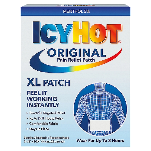 Icy Hot Original Pain Relief Patch, XL, 3 count
Drug Facts
Active ingredient - Purpose
Menthol 5% - Topical analgesic

Uses
Temporarily relieves minor pain associated with:
■ arthritis
■ simple backache
■ bursitis
■ tendonitis
■ muscle strains
■ sprains
■ bruises
■ cramps