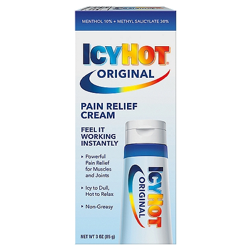 Icy Hot Original Pain Relief Cream, 3 oz
Drug Facts
Active ingredients - Purpose
Menthol 10% - Topical analgesic
Methyl salicylate 30% - Topical analgesic

Uses
Temporarily relieves minor pain associated with:
■ arthritis
■ simple backache
■ muscle strains
■ sprains
■ bruises
■ cramps