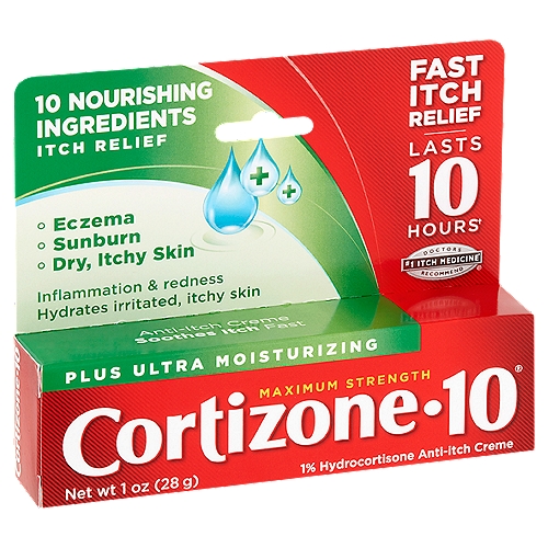 Cortizone-10 Maximum Strength Anti-Itch Creme, 1 oz
1% Hydrocortisone Anti-Itch Creme

Lasts 10 hours†
†When used as directed.

Doctors #1 Itch Medicine* Recommend®
*Refers to the ingredient hydrocortisone

Uses
■ temporarily relieves itching associated with minor skin irritations, inflammation, and rashes due to:
 ■ eczema
 ■ psoriasis
 ■ poison ivy, oak, sumac
 ■ insect bites
 ■ detergents
 ■ jewelry
 ■ cosmetics
 ■ soaps
 ■ seborrheic dermatitis
■ temporarily relieves pain and itching associated with sunburn
■ temporarily relieves external anal and genital itching
■ other uses of this product should only be under the advice and supervision of a doctor

Drug Facts
Active ingredient - Purpose
Hydrocortisone 1% - Anti-itch