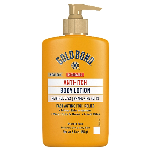 Gold Bond Intensive Relief Anti-Itch Lotion, 5.5 oz
Fast acting itch relief
• Soothes and calms with aloe
• Minor skin irritations
• Minor cuts & burns
• Insect bites
• Sunburn

Use
For temporary relief of pain and itching associated with:
■ minor burns
■ sunburn
■ minor cuts
■ scrapes
■ insect bites
■ minor skin irritations

Drug Facts
Active ingredients - Purpose
Menthol 0.5%, pramoxine hydrochloride 1% - Anti-itch