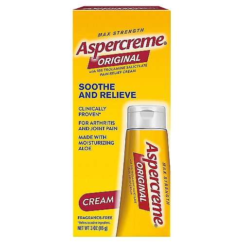 Aspercreme Max Strength Original with 10% Trolamine Salicylate Pain Relief Cream, 3 oz
Tough pain calls for maximum-strength pain relief. The active ingredient in Aspercreme Odor Free Maximum Strength Pain Relieving Creme is clinically proven to give you relief from arthritis pain, muscle pain and joint pain without any lingering odor. That means discreet pain relief whenever and wherever you need it most. Best of all, this non-greasy pain creme comes with an easy-to-open flip-top cap for fast, effective pain relief. Trust the #1 Odor Free Creme Brand* to deliver powerful pain relief. *Among OTC analgesics, according to Nielsen AOC sales data for 52 weeks ending 09/26/2019