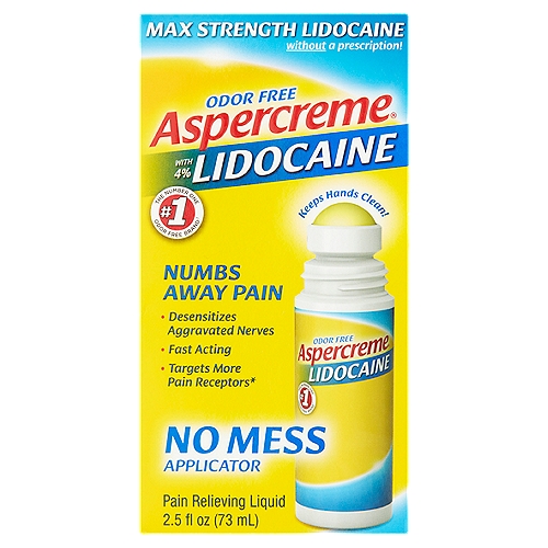 Aspercreme Odor Free with 4% Lidocaine Pain Relieving Liquid, 2.5 fl oz
Targets more pain receptors*
*Among counter-irritant topical pain relievers.

#1 The number one odor free brand(1)
(1)Among odor free topical analgesic products.

Use
Temporarily relieves minor pain

Drug Facts
Active ingredient - Purpose
Lidocaine HCl 4% - Topical anesthetic