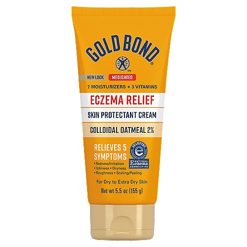 Gold Bond Medicated Eczema Relief Skin Protectant Cream, 5.5 oz
You know the miserable symptoms of eczema: Dry, itchy skin; scaly skin; roughness; redness; and irritation. Gold Bond Medicated Eczema Relief Cream is formulated with seven moisturizers, 3 vitamins, and 2% colloidal oatmeal to provide intense hydration and soothing relief to rough skin. This steroid-free eczema cream is formulated with 2% colloidal oatmeal to help relieve five symptoms of eczema including itch, dryness, scaling/peeling, roughness, and redness/irritation. In fact, eight out of 10 people saw significant relief of dryness, scaling and roughness in two weeks. Best of all, Gold Bond Medicated Eczema Cream was developed with dermatologists, is fragrance-free, and is from the #1 lotion brand for eczema symptom relief*. If you are looking for an effective anti-itch cream for eczema, look no further than Gold Bond Medicated Eczema Relief Cream with 2% Colloidal Oatmeal. Stock up on 5.5-oz. bottles so you always have soothing eczema symptom relief on hand. DIRECTIONS FOR USE: Apply to affected areas of skin as needed.
