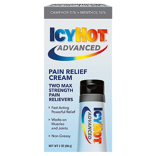 Icy Hot Advanced Pain Relief Cream, 2 oz
Experience fast, long-lasting pain relief with Icy Hot Advanced Relief Pain Relieving Cream. Made with two maximum strength pain relievers, this topical pain cream stops tough pain in its tracks, including joint pain, arthritis pain and back pain. This extended-relief formula gives you powerful relief that lasts for hours from sore muscles, body aches and knee pain. It's icy to dull the pain, then hot to relax it away. At the gym, at home or on the job, rely on Icy Hot Advanced Relief Cream for lasting pain relief. Icy Hot is the No. 1 topical pain relief brand.* *Among OTC topical analgesics. HOW TO USE: Apply a thin layer of Icy Hot Advanced Pain Relief Cream to the affected area and massage until it is absorbed by the skin. Allow 2-3 hours between applications; do not apply more than 3-4 times daily. Wash hands with soap and water after applying.