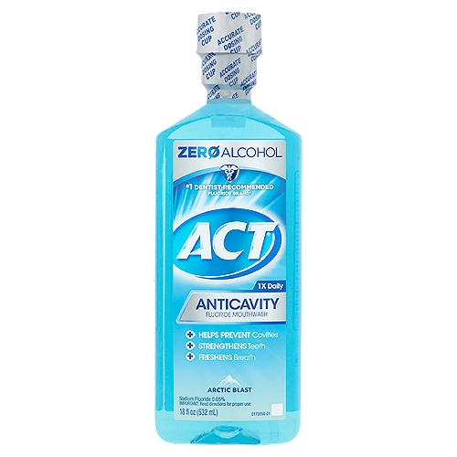 ACT Zero Alcohol Arctic Blast Anticavity Fluoride Mouthwash, 18 fl oz
#1 dentist recommended fluoride brand†
†among mouth rinses

Use
■ aids in the prevention of dental cavities

Drug Facts
Active ingredient - Purpose
Sodium fluoride 0.05% (0.02% w/v fluoride ion) - Anticavity