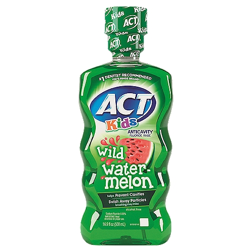 ACT Kids Wild Watermelon Anticavity Fluoride Rinse, 16.9 fl oz
Use
■ aids in the prevention of dental cavities

Drug Facts
Active ingredient - Purpose
Sodium fluoride 0.05% (0.02% w/v fluoride ion) - Anticavity