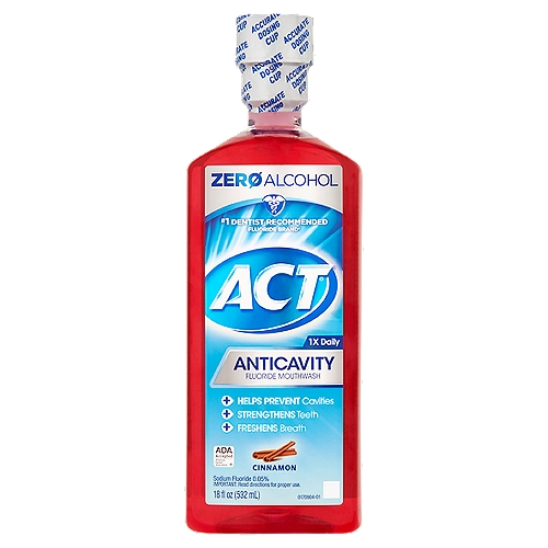 ACT Zero Alcohol Cinnamon Anticavity Flouride Mouthwash, 18 fl oz
Use
■ aids in the prevention of dental cavities

Drug Facts
Active ingredient - Purpose
Sodium fluoride 0.05% (0.02% w/v fluoride ion) - Anticavity