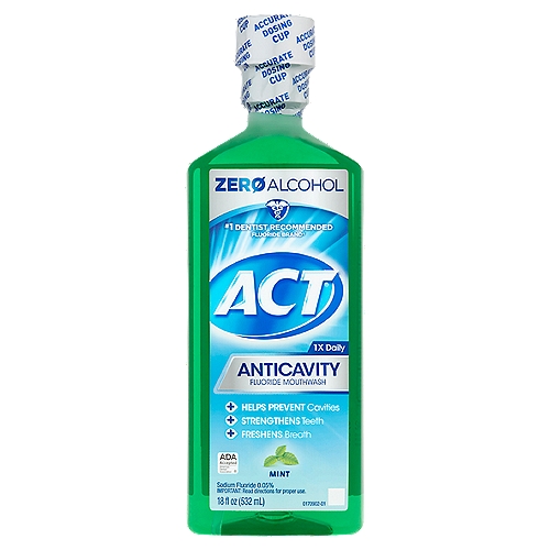 ACT Anticavity Mint Fluoride Mouthwash, 18 fl oz
Use
■ aids in the prevention of dental cavities

Drug Facts
Active ingredient - Purpose
Sodium fluoride 0.05% (0.02% w/v fluoride ion) - Anticavity