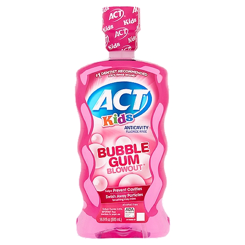ACT Kids Bubble Gum Blowout Anticavity Fluoride Rinse, 16.9 fl oz
Use
■ aids in the prevention of dental cavities

Drug Facts
Active ingredient - Purpose
Sodium fluoride 0.05% (0.02% w/v fluoride ion) - Anticavity