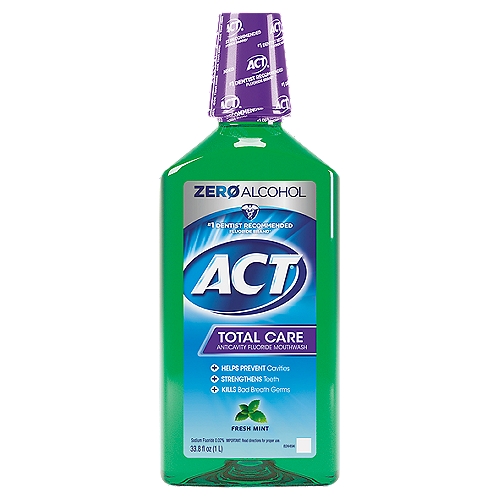 ACT Total Care Anticavity Fresh Mint Fluoride Mouthwash, 33.8 fl oz
Anticavity Fluoride Mouthwash

Use
■ aids in the prevention of dental cavities

Drug Facts
Active ingredient - Purpose
Sodium fluoride 0.02% (0.009% w/v fluoride ion) - Anticavity