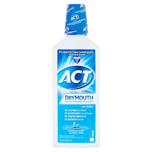 ACT Dry Mouth Soothing Mint Mouthwash, 18 fl oz
Anticavity Fluoride Mouthwash

Use
■ aids in the prevention of dental cavities

Drug Facts
Active ingredient - Purpose
Sodium fluoride 0.02% (0.009% w/v fluoride ion) - Anticavity