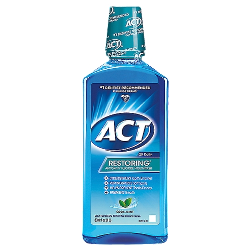 ACT Restoring Anticavity Cool Mint Fluoride Mouthwash, 33.8 fl oz
Anticavity Fluoride Mouthwash

Use
■ aids in the prevention of dental cavities

Drug Facts
Active ingredient - Purpose
Sodium fluoride 0.02% (0.09% w/v fluoride ion) - Anticavity