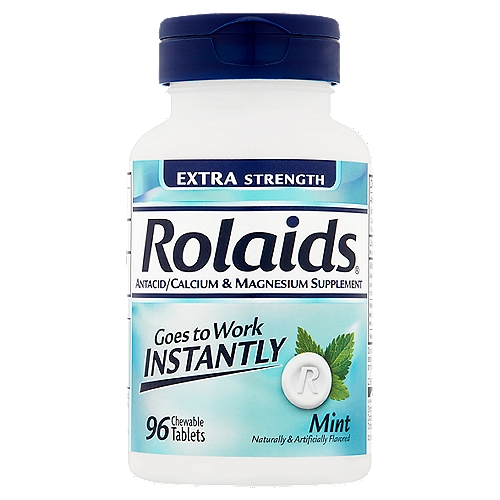 Rolaids Extra Strength Mint Antacid Chewable Tablets, 96 count
Antacid/Calcium & Magnesium Supplement

Uses
Relieves:
■ heartburn
■ sour stomach
■ acid indigestion

Drug Facts
Active ingredients (in each tablet) - Purpose
Calcium carbonate USP 675 mg, Magnesium hydroxide USP 135 mg - Antacid