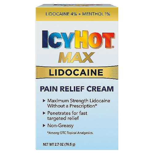 Icy Hot Max Lidocaine Pain Relief Cream, 2.7 oz
Help numb away tough pain with maximum strength Icy Hot Pain Relieving Cream With Lidocaine Plus Menthol. This max-strength pain cream is non-greasy and works by desensitizing aggravated nerves to give you fast-acting, long-lasting pain relief where you need it most. It's icy first to dull the pain, then hot to relax it away. Icy Hot Lidocaine Cream helps temporarily relieve pain associated with back pain, muscle pain, foot pain, knee pain and arthritis pain. At the gym, at home or on the job, rely on Icy Hot Max Strength Pain Relief Cream for lasting pain relief. Icy Hot is the No. 1 topical pain relief brand.* *Among OTC topical analgesics. HOW TO USE: Apply a thin layer of non-greasy Icy Hot Pain Relief Cream With Lidocaine Plus Menthol to the affected area every 6-8 hours; do not exceed 3 applications in a 24-hour period. Wash hands with soap and water after applying.