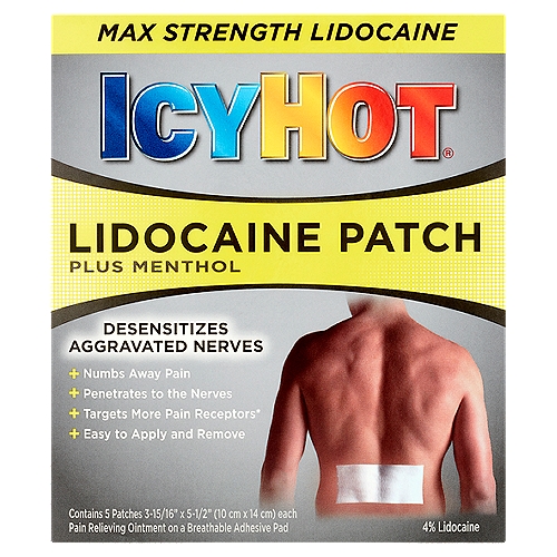 Icy Hot Plus Menthol Max Strength Lidocaine Patch, 5 count
Pain Relieving Ointment on a Breathable Adhesive Pad

Targets more pain receptors*
*Among counter-irritant topical pain relievers.

Use
Temporarily relieves minor pain

Drug Facts
Active ingredients - Purposes
Lidocaine 4% - Topical anesthetic
Menthol 1% - Topical analgesic