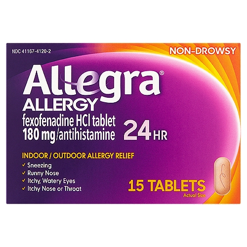 Allegra Non-Drowsy 24 Hr Allergy Tablets, 15 count
Uses
Temporarily relieves these symptoms due to hay fever or other upper respiratory allergies:
■ runny nose
■ itchy, watery eyes
■ sneezing
■ itching of the nose or throat

Drug Facts
Active ingredient (in each tablet) - Purpose
Fexofenadine HCl 180 mg - Antihistamine