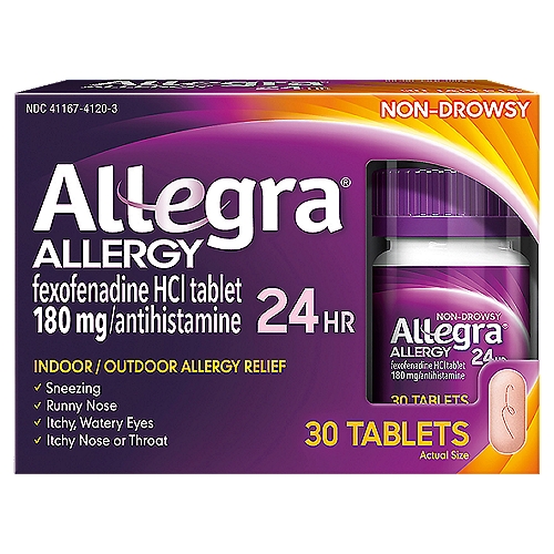 Allegra 24 Hr Non-Drowsy Allergy Tablets, 180 mg, 30 count
Uses
Temporarily relieves these symptoms due to hay fever or other upper respiratory allergies:
■ runny nose
■ itchy, watery eyes
■ sneezing
■ itching of the nose or throat

Drug Facts
Active ingredient (in each tablet) - Purpose
Fexofenadine HCI 180 mg - Antihistamine