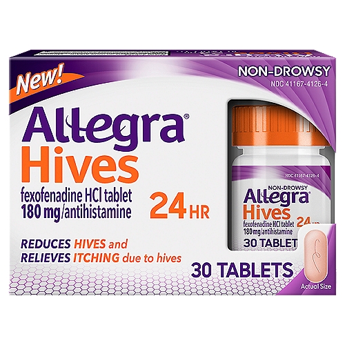Allegra 24Hr Non-Drowsy Hives Tablets, 180 mg, 30 count
Don't let hives get under your skin! When hives leave you with itchy skin that won't subside, reach for Allegra to disrupt the relentless itch cycle and reduce discomfort. Allegra Hives reduces hives and provides powerful relief of persistent itch. Unlike creams that work on the surface, Allegra works from the inside out to reduce hives and relieve itchy skin for up to 24 hours. This allergy medicine lasts all day, so you can enjoy a full day of activity and a full night of comfortable sleep with just one tablet. There's no need to worry about being tired after taking Allegra. Allegra Hives allergy medicine is made with active ingredient fexofenadine HCl, a non-drowsy antihistamine, so you can take it day or night without drowsiness. Stock up on Allegra Hives and enjoy long-lasting, non-drowsy relief from itching and hives, during allergy season and all year long. Live your greatness with powerful all-day, all-night relief with Allegra Hives allergy medicine.