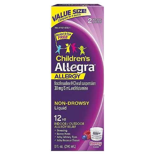 Allegra Children's Berry Flavor Non-Drowsy 12Hr Allergy Liquid Value Size!, 2 Years & Older, 8 fl oz
Kid allergies are unpleasant. Taking their allergy medicine doesn't have to be. Alleviate their worst allergy symptoms with Allegra Children's Non-Drowsy Antihistamine Liquid Berry Flavor. Children's Allegra for kids 2 years and older provides 12 full hours of non-drowsy relief from sneezing, runny nose, itchy and watery eyes, and itchy nose or throat. Use Allegra Children's Liquid for indoor and outdoor allergies, including seasonal allergies and pet allergies. Best of all, this berry-flavored allergy medicine is made with active ingredient fexofenadine, a non-drowsy antihistamine. Be ready for spring allergies, fall allergies, dog allergies and more. Stock up on Children's Allegra 12-Hour Berry Flavor Liquid Allergy Medicine.