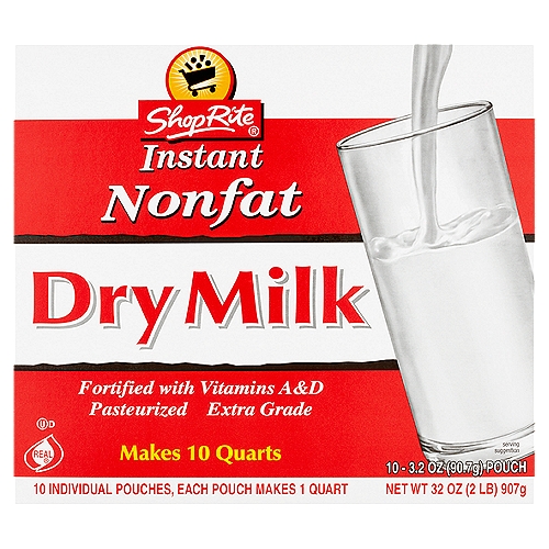 ShopRite Instant Nonfat Dry Milk, 3.2 oz, 10 count
ShopRite Instant Nonfat Dry Milk is made from fresh fluid whole milk from which the water and fat have been removed. This product is labeled U.S. Extra Grade, the highest designation for nonfat dry milk.