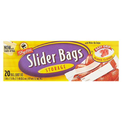 ShopRite Storage Slider Bags, 20 count
Write-on Strips
Write-on feature makes it easy to label contents and their expiration date. Using a permanent marker or medium ball point pen, write on dry, empty bag.