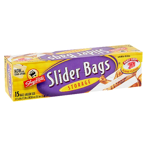 ShopRite Storage Slider Bags, Gallon Size, 15 count
Write-on Strips
Write-on feature makes it easy to label contents and their expiration date. Using a permanent marker or medium ball point pen, write on dry, empty bag.