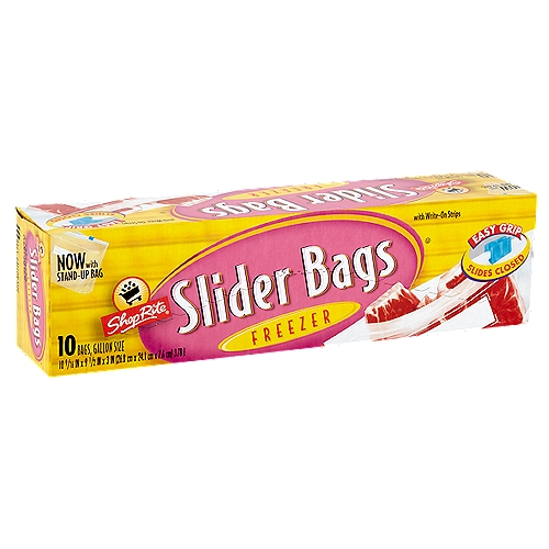 ShopRite Freezer Slider Bags, Gallon Size, 10 count
Write-on Strips
Write-on feature makes it easy to label contents and their expiration date. Using a permanent marker or medium ball point pen, write on dry, empty bag.