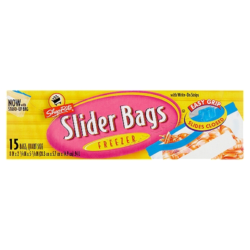 ShopRite Freezer Slider Bags, Quart Size, 15 count
Write-on Strips
Write-on feature makes it easy to label contents and their expiration date. Using a permanent marker or medium ball point pen, write on dry, empty bag.
