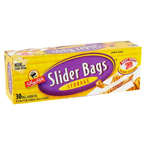ShopRite Storage Slider Bags, Gallon Size, 30 count
Write-on Strips
Write-on feature makes it easy to label contents and their expiration date. Using a permanent marker or medium ball point pen, write on dry, empty bag.