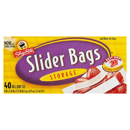 ShopRite Storage Slider Bags, Quart Size, 40 count
Write-on Strips
Write-on feature makes it easy to label contents and their expiration date. Using a permanent marker or medium ball point pen, write on dry, empty bag.