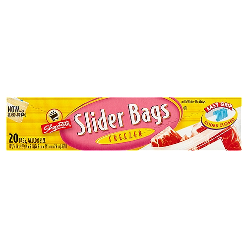 ShopRite Freezer Slider Bags, Gallon Size, 20 count
Write-on Strips
Write-on feature makes it easy to label contents and their expiration date. Using a permanent marker or medium ball point pen, write on dry, empty bag.