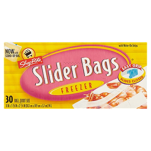 ShopRite Freezer Slider Bags, Quart Size, 30 count
Write-on Strips
Write-on feature makes it easy to label contents and their expiration date. Using a permanent marker or medium ball point pen, write on dry, empty bag.