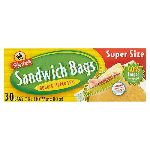 ShopRite Double Zipper Seal Sandwich Bags Super Size, 30 count
40% larger than standard sandwich bags