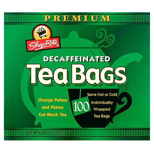 ShopRite Premium Decaffeinated Orange Pekoe and Pekoe Cut Black Tea Bags, 100 count, 6.80 oz
Tea is a terrific beverage, hot or cold, and can play a delicious role in a balanced diet. The antioxidants present in tea are known as flavonoids. Antioxidants help neutralize free radicals within the body.