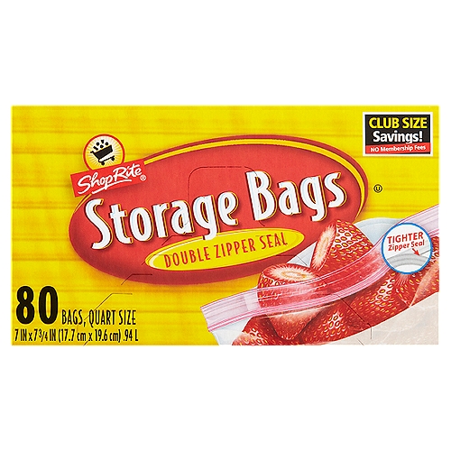 ShopRite Double Zipper Seal Storage Bags, Quart Size, 80 count