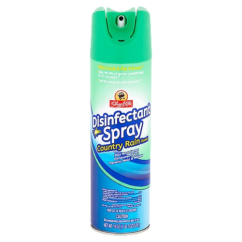 ShopRite Country Rain Scent Disinfectant Spray, 19 oz
◼ Kills Cold & Flu Viruses*
*Virucidal: Kills Rhinovirus Type 39 (the leading cause of the common cold). Kills Pandemic 2009 (H1N1) Influenza A Virus and it is also effective against flu virus on hard, nonporous inanimate surfaces.

◼ Kills 99.9% of germs (sanitizing) in 20 seconds**
**Sanitizes: Kills 99.9% Staphylococcus aureus (staph), Klebsiella pneumoniae (K. pneumoniae), Escherichia coli, Campylobacter jejuni and Salmonella enterica on hard, nonporous surfaces in 20 seconds.

◼ Can be used on soft surfaces***
***Sanitizes: Kills 99.9% Enterobacter aerogenes and Staphylococcus aureus on soft, non-food contact surfaces in 60 seconds.

Formulated for Hospital, School, Hotel, Motel, Office, Restaurant, Locker and Rest Room, Factory, Institution, Home, Beauty Shop, Barber Shop, Spray Disinfectant

For Disinfection or Inanimate Surfaces
This disinfectant spray is a germicide that kills Staphylococcus aureus, Salmonella enterica, Pseudomonas aeruginosa, Streptococcus pyogenes, Vancomycin-resistant Enterococcus faecalis (VRE) and Methicillin-resistant Staphylococcus aureus (MRSA). Use to disinfect metal or glazed porcelain urinals, plastic or ceramic tile shower stalls, metal or plastic diaper pails, garbage cans, light switches and telephones, and non-wood surfaces of toilet seats, empty hampers, athletic equipment and lockers.

For Sanitizing Inanimate, Non-Food Contact Surfaces
Use to sanitize inanimate, hard, nonporous, non-food contact surfaces.

For Sanitizing Soft, Non-Food Contact Surfaces (Fabrics)
Use to sanitize soft surfaces like couches, sofas, mattresses, pet beds, etc.

For Control of Mold & Mildew
Prevent mold and mildew on hard surfaces such as glazed ceramic, metal and glass, in basement closets, attic storage areas, summer cottages.

For Space Deodorizer & Air Freshener
Use to deodorize meeting room, classroom, kitchen, bathroom, sickroom, living room and churches.