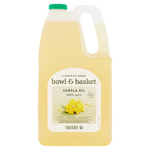 Bowl & Basket 100% Pure Canola Oil, 1 gal
Excellent Source of ALA*
*Contains 76% of the Daily Value for ALA per Serving. The Daily Value for ALA is 1.6g.

Heart Healthy
Limited and Not Conclusive Scientific Evidence Suggests that Eating About 1 1/2 Tbsp (19 Gram) of Canola Oil Daily May Reduce the Risk of Coronary Heart Disease Due to the Unsaturated Fat Content in Canola Oil, to Achieve this Possible Benefit, Canola Oil is to Replace a Similar Amount of Saturated Fat and Not Increase the Total Number of Calories You Eat in a Day.