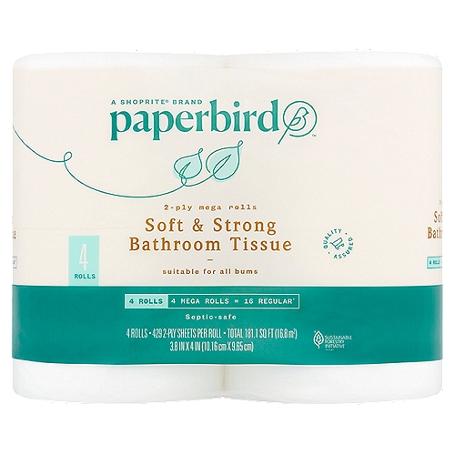 Paperbird Mega Rolls Soft & Strong Bathroom Tissue, 429 2-ply sheets per roll, 4 count
4 Mega Rolls = 16 Regular*
*Compared to a regular roll with 107 sheets